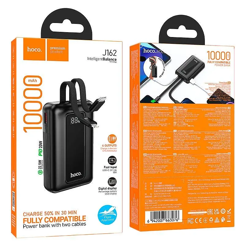 Універсальна мобільна батарея Full power PD fully compatible power bank with two cables J162 10000mAh |1USB/1Type-C, 22.5W/3A, - фото 2