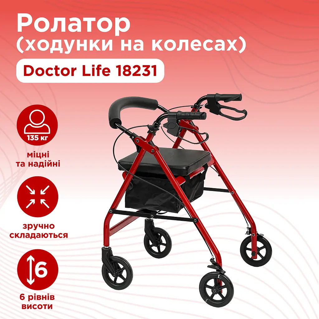 Ходунки на колесах з підвищеною надійністю і функціональністю ролатор Doctor Life 18231 (18231-2429) - фото 5