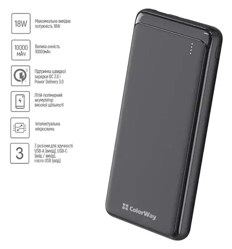 Універсальна мобільна батарея 10000 mAh, Black, 18 Вт ColorWay teh0027641 - фото 2