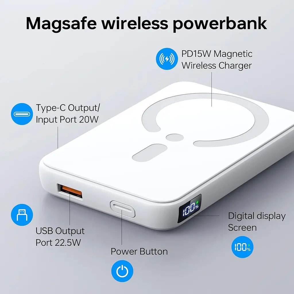 Магнитный павербанк Eissix 12000 mAh, PD 22.5W, беспроводная зарядка для iPhone 16/15/14/13/12 - фото 2