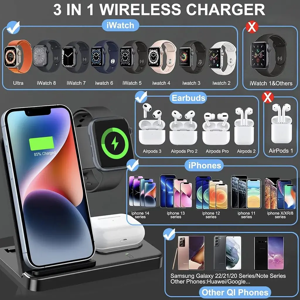 Беспроводное зарядное устройство CAVN GY-Z5G 3 в 1 индукционное apple watch airpods черное - фото 2