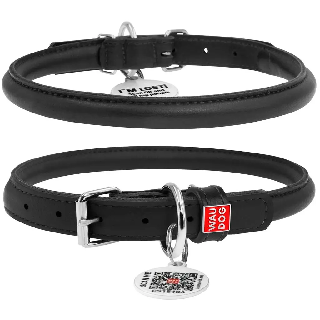 Нашийник для собак Waudog Glamour, круглий, шкіряний, з QR паспортом, XS, 20-25х0,8 см, чорний - фото 2