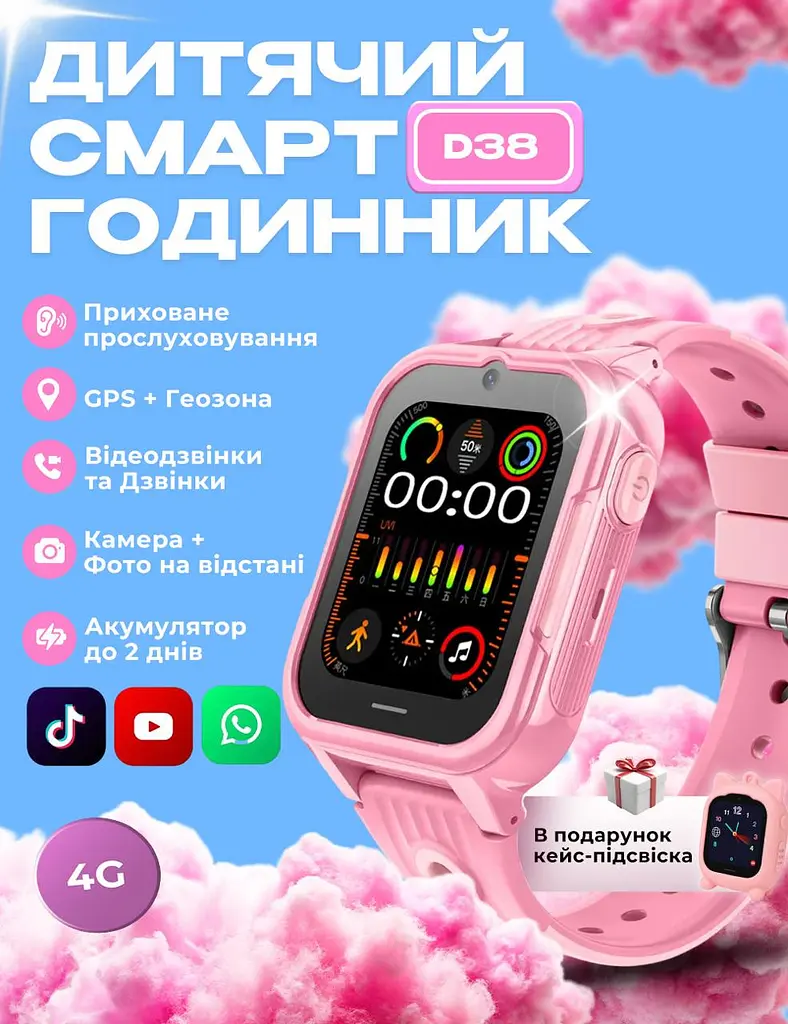 Дитячий смарт годинник D38 з SIM картою, GPS, прослуховуванням, відеодзвінком,  4G  Play Market, операційна система Android OS рожевий