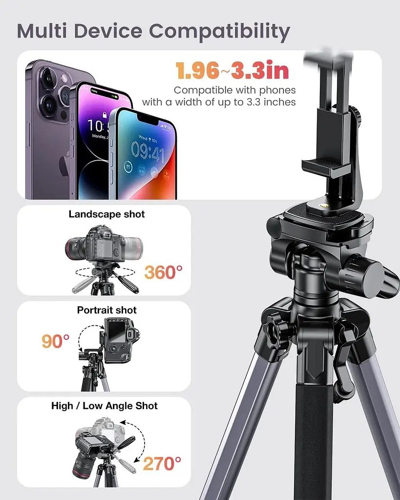 CAMBOFOTO 74"-Camera-Tripod, професійний алюмінієвий штатив/підставка для ніг Бездзеркальна камера/DSLR/Мобільний телефон - фото 2