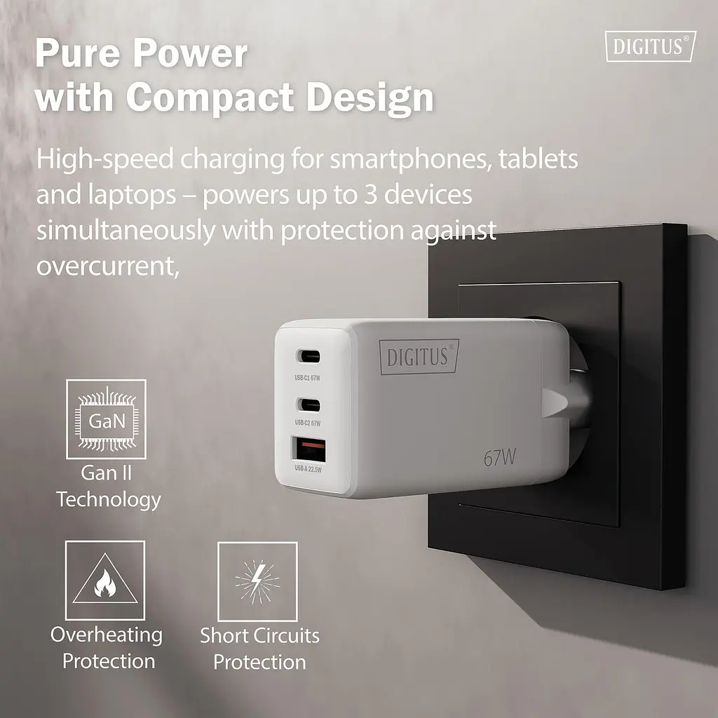 Зарядний пристрій 2xUSB-C, 1xUSB-A DIGITUS GaN 67W - фото 5