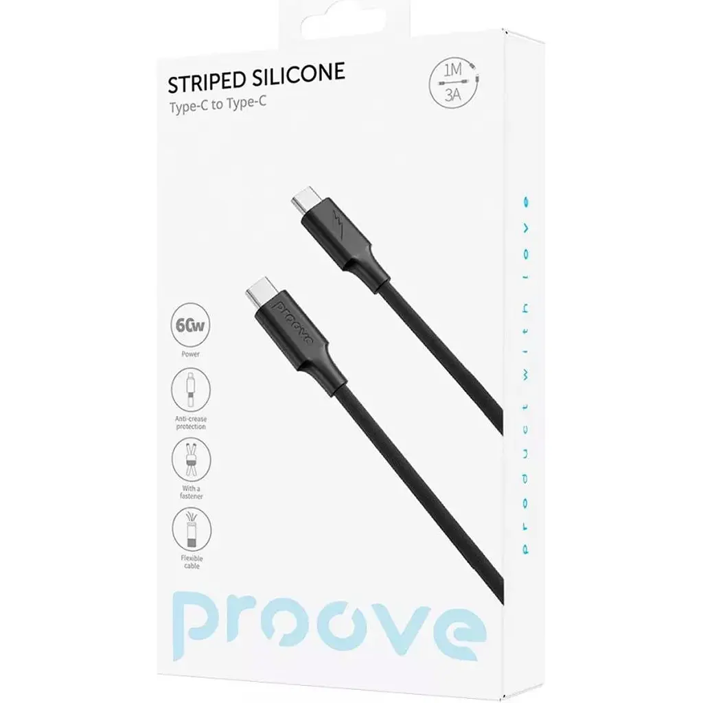 Кабель Proove Striped Silicone USB-C to USB-C 60W 1m Black (CCSS60002201) [133331] - фото 2