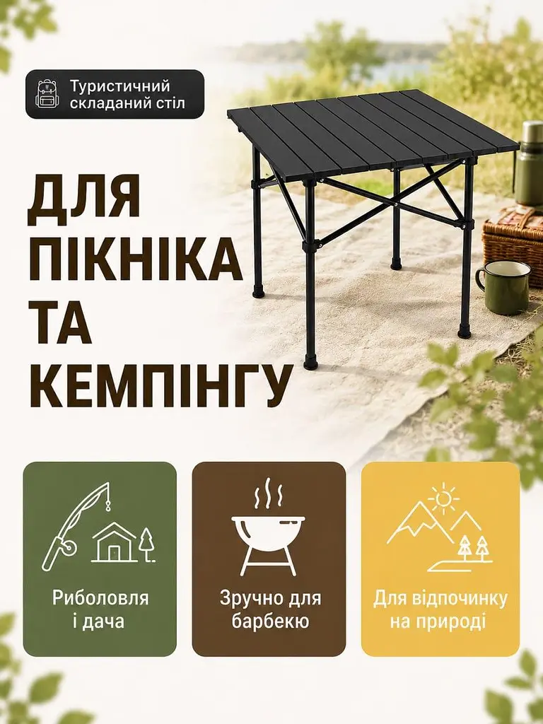 Стіл складаний туристичний 52×52×50 см чорний для пікніка кемпінгу та риболовлі (49675939) - фото 3