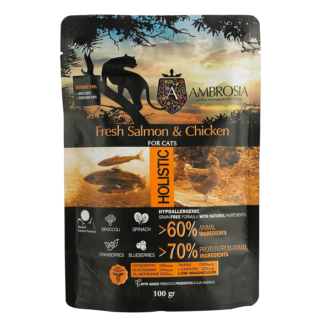 Набір: Сухий корм Ambrosia Grain Free для стерилізованих котів з лососем та куркою 100 г + Сухий корм Ambrosia Grain Free для стерилізованих котів з індичкою та оселедцем 100 г + Сухий корм Ambrosia Grain Free для котів з фореллю та кроликом 100 г - фото 2