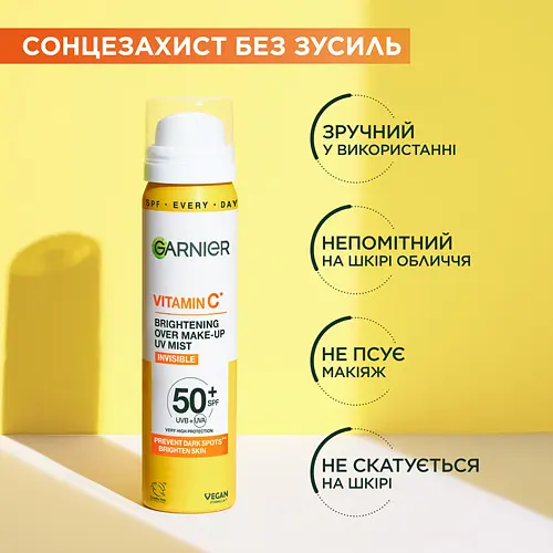 Сонцезахисний спрей-міст Garnier Vitamin C Brightening Over Make-up UV Mist SPF 50+ 75 мл - фото 6