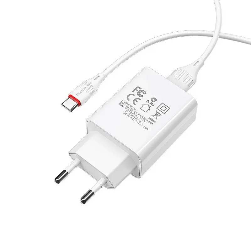 Мережевий зарядний пристрій з кабелем BOROFONE BA21A Long journey single port QC3. 0 charger set(Type-C) 18W білий - фото 3