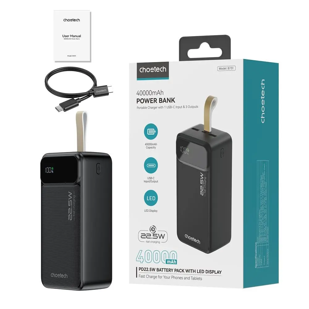 Повербанк 40000mAh Choetech B731 Black 22.5W QC3.0 PD3.0 (43-00117) - фото 3
