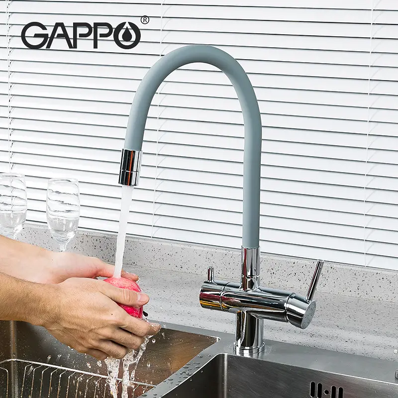 Смеситель для кухни на две воды Gappo G4398-30 с гибким изливом, серый/хром, Серый - фото 5