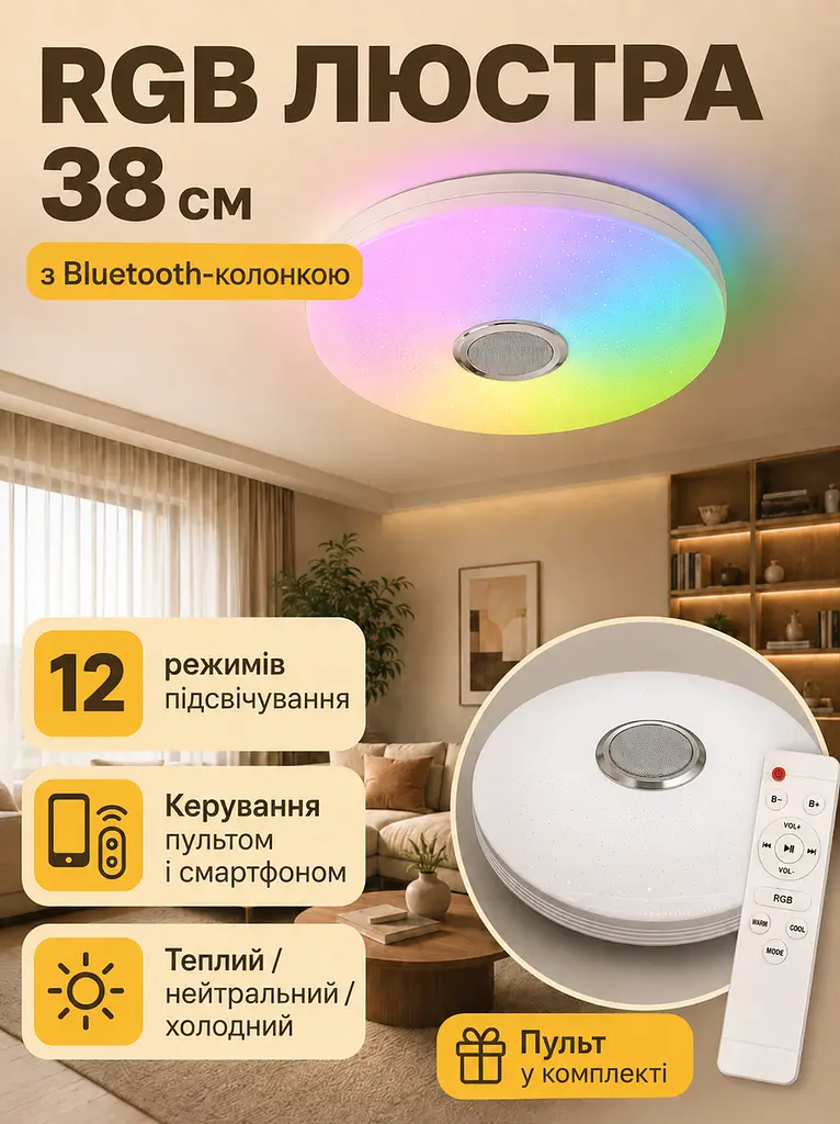 Світлодіодна стельова люстра-світильник RGB з Bluetooth колонкою та пультом (26276280) - фото 2