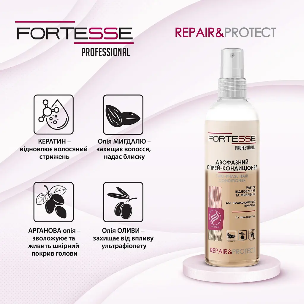 Двофазний спрей-кондиціонер Fortesse Professional Repair & Protect Ультравідновлення та живлення для пошкодженого волосся 250 мл  - фото 6