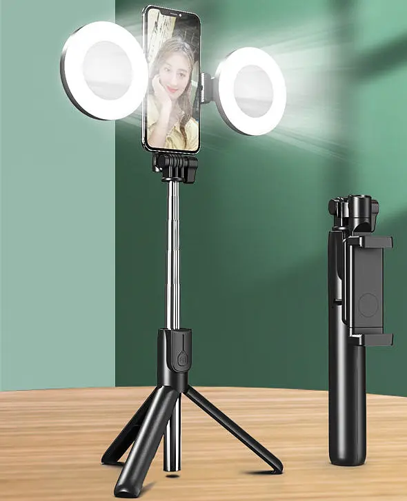 Монопод штатив для селфі Bluetooth тринога 19-70 см з LED підсвічуванням 2x8см кільця LIVE BRACKET J861 чорний - фото 2
