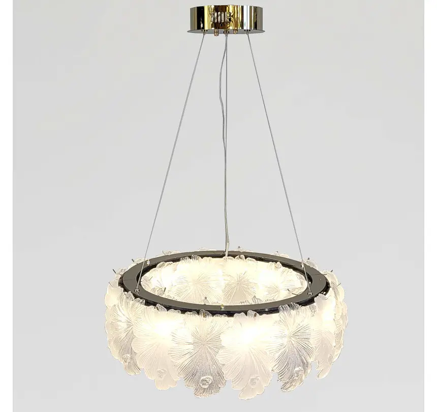 Золота світлодіодна люстра-квітка Artlight 7066-550GD з матовим рельєфним скляним листям 93W. - фото 5