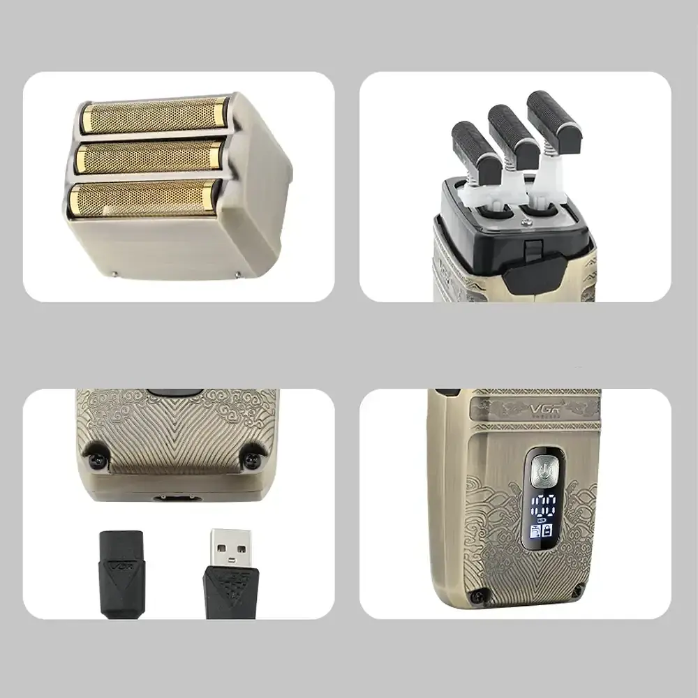 Електробритва шейвер VGR V-335 від USB, з LED-дисплеєм, Золотистий / Професійна бритва з трьома ножовими блоками - фото 6