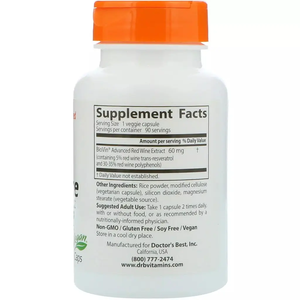 Французький екстракт червоного вина Doctor's Best Resveratrol French Red Wine Grape Extract 60 мг 90 гелевих капсул - фото 3