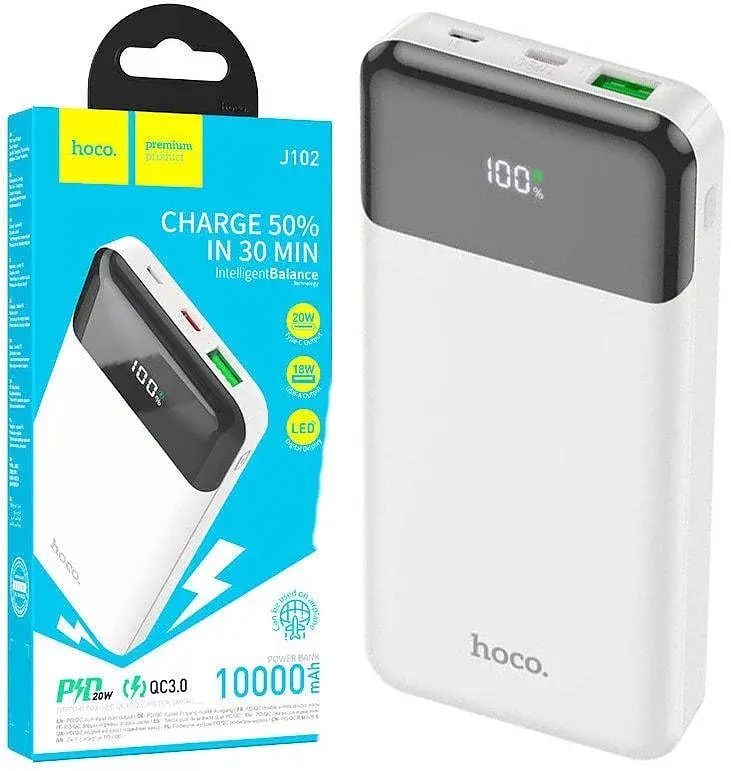 Зарядная мобильная батарея Hoco J102 10000mAh PD20W+QC3.0 с быстрой зарядкой и дисплеем (Белый) - фото 3