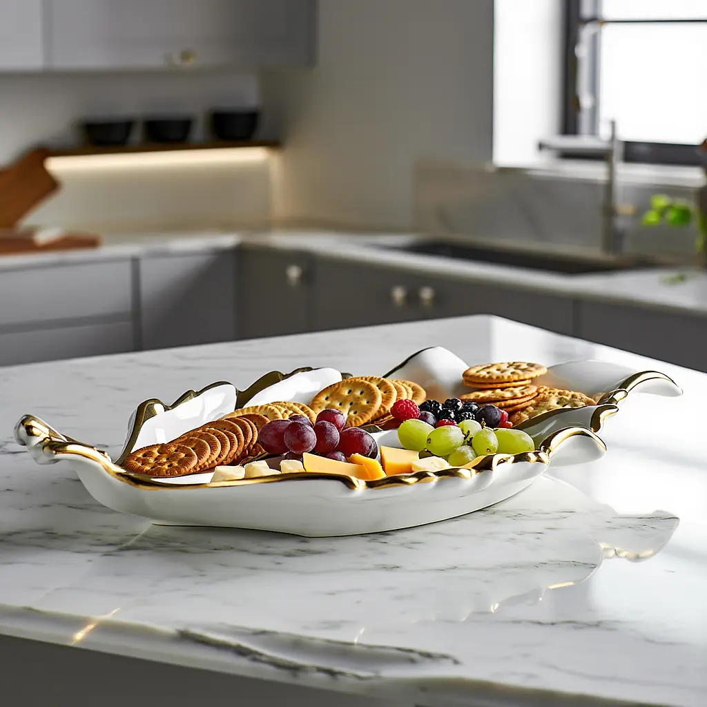 Менажница фарфоровая на 3 секции для закусок 40×25×7.5 (см) Белый с золотом Yiwu ZBSY-16 - фото 3