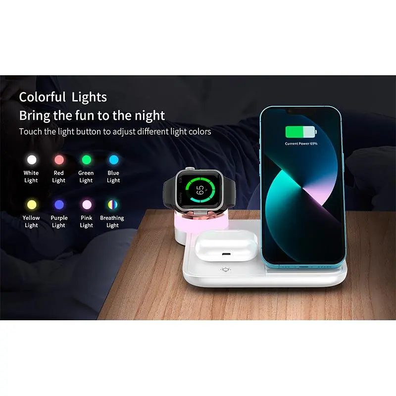 Зарядка Qi 4in1 Wireless Charger RGB X499 Phone/Watch/Earphones 15W Max белая - фото 8