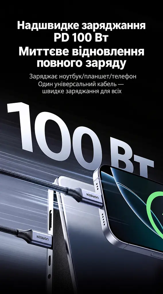 Кабель UGREEN L520 магнітний USB-C - USB-C PD 100 Вт 1 м темно-сірий (55517) - фото 11