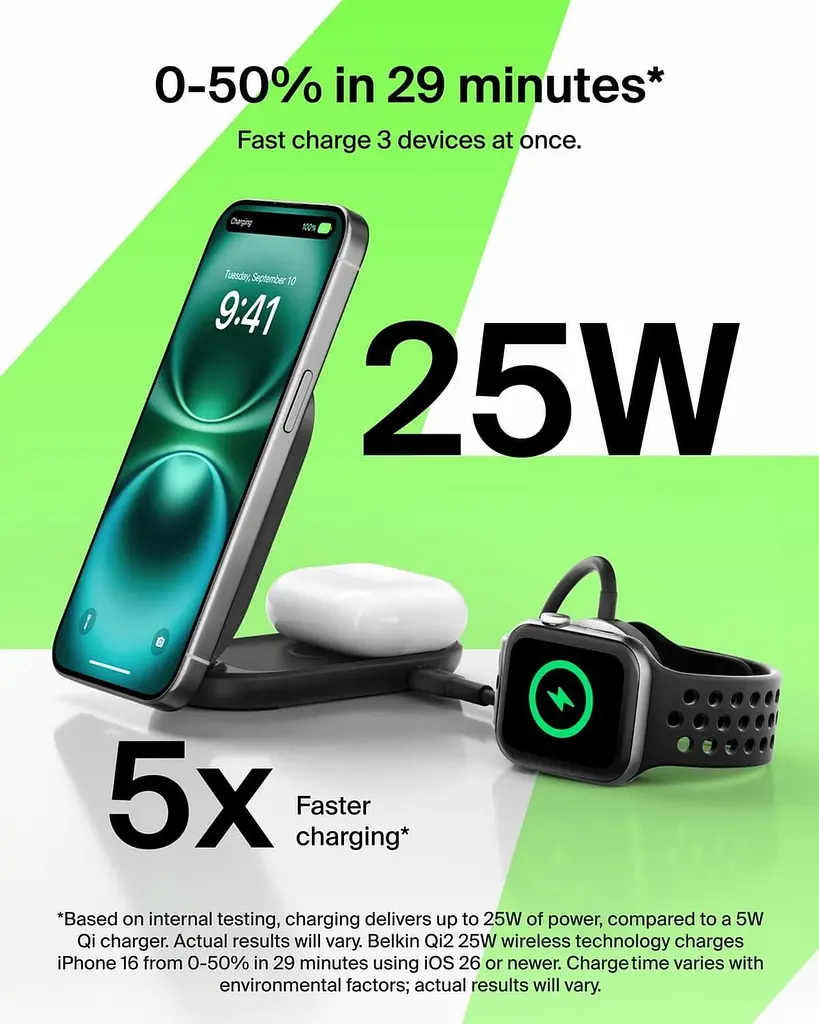 Зарядний пристрій Belkin UltraCharge 2-in-1 Foldable Magnetic Charging 25Вт, чорний (WIZ039KQBK) - фото 7