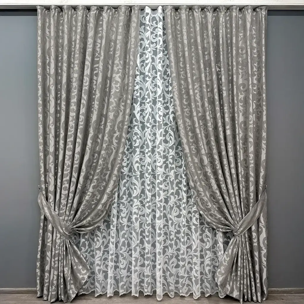 Комплект штор з тюлем VR-Textil Жакард, сірий з білим, 2 штори 200×270 см + тюль 600×270 см, арт. 71-098/7