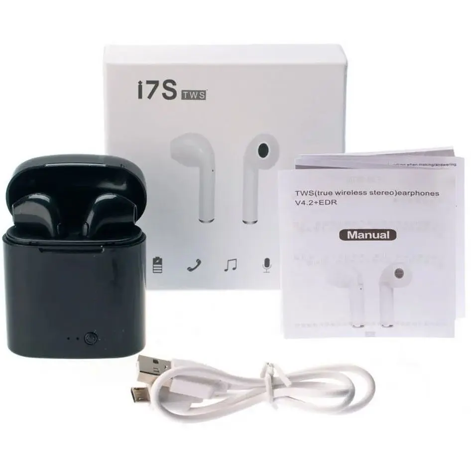 Бездротові навушники TWS Bluetooth i7S з боксом для зарядки Black (au006-hbr) - фото 5