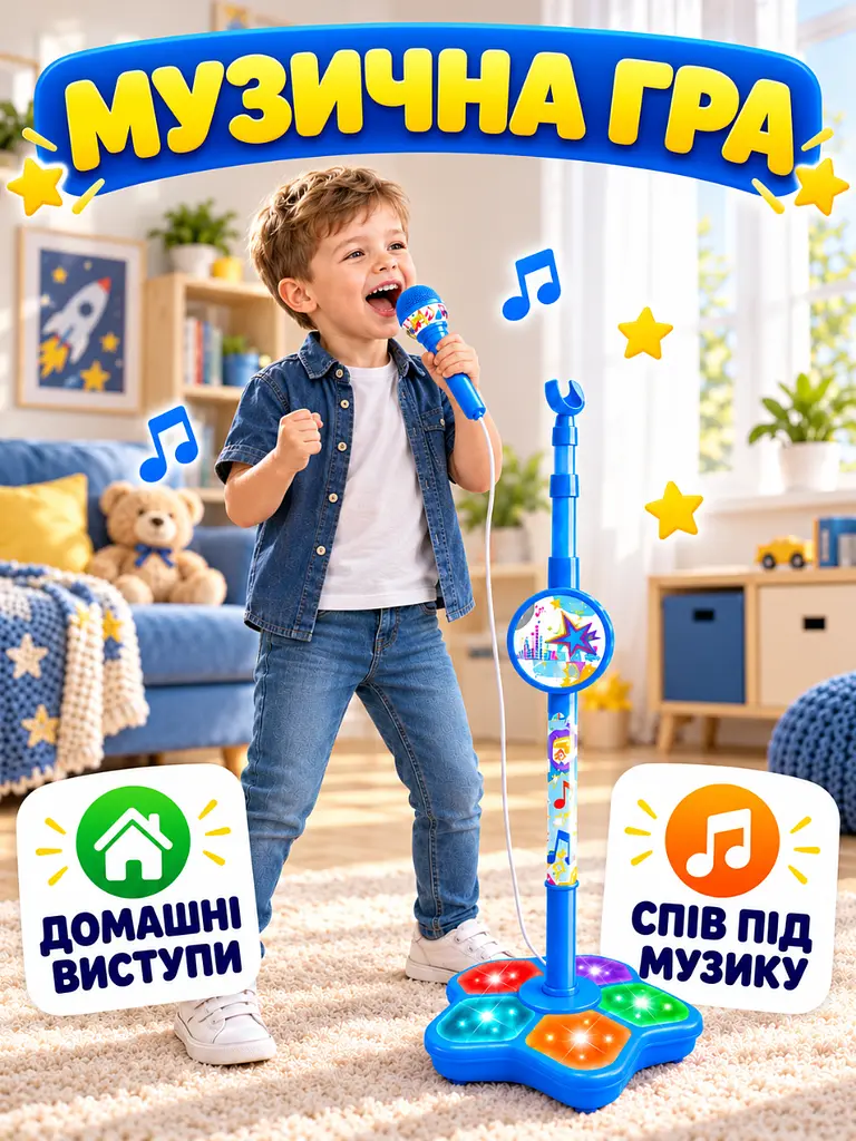 Дитячий мікрофон на регульованій стійці зі світловими ефектами для співу блакитний (37261589) - фото 9