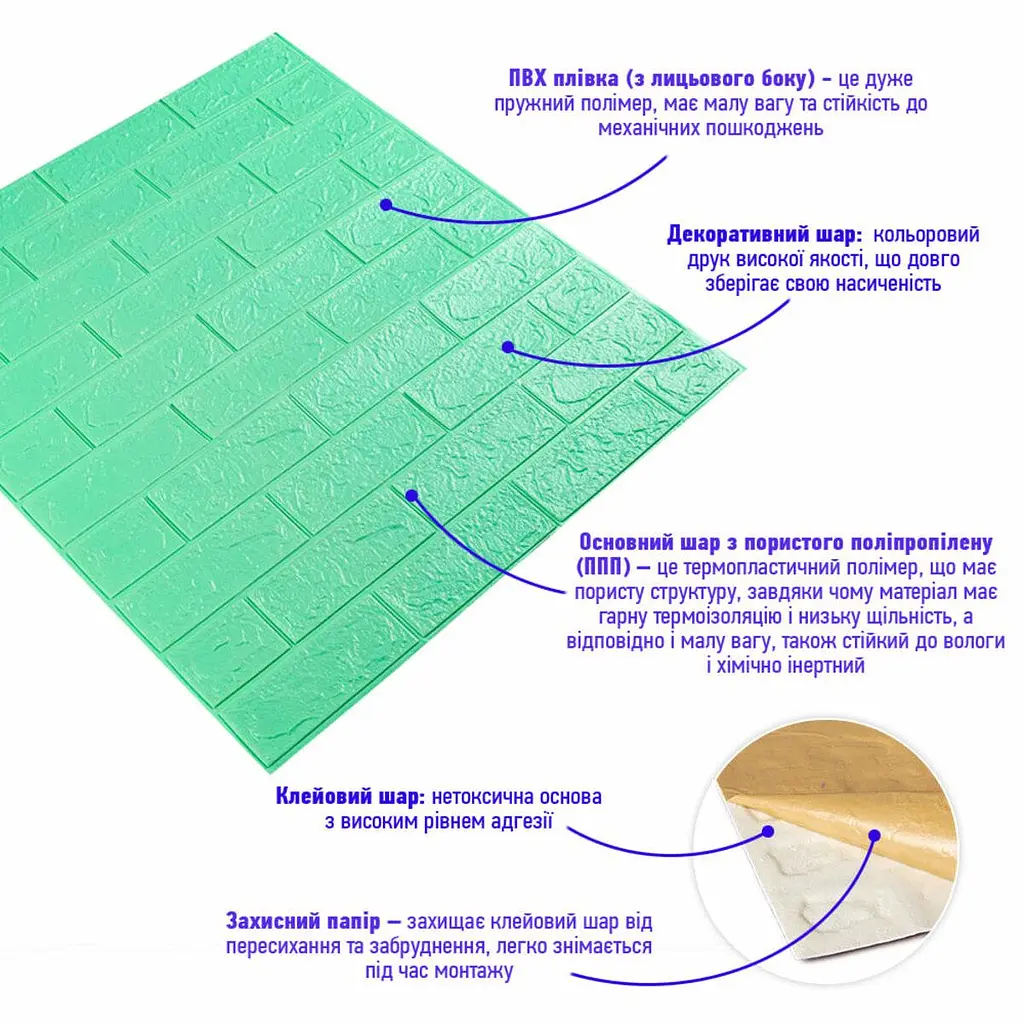 3D панель Sticker Wall самоклеюча 700x770x3мм цегла М'ята 012-3 SW-00000233 - фото 2