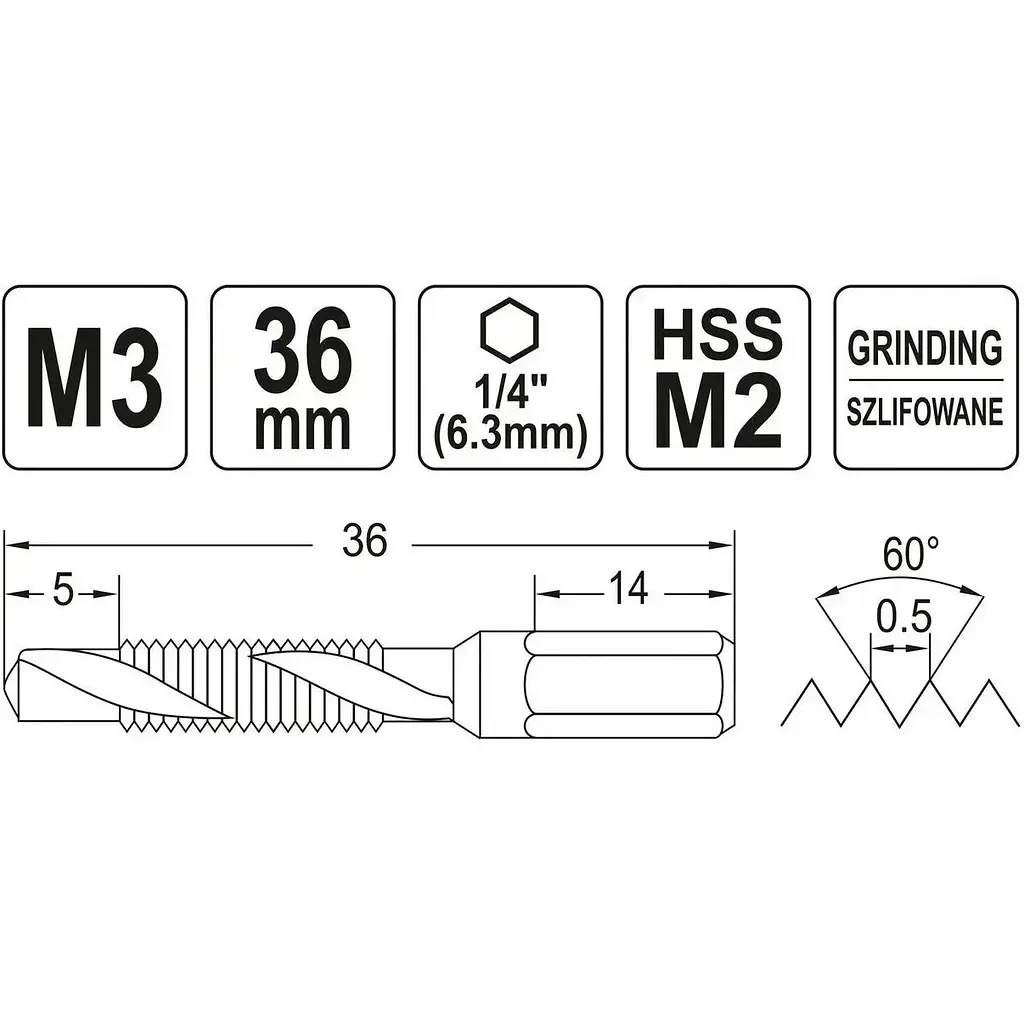 Сверло-метчик Yato М3х0.5 мм HSS М2 HEX-1/4 l=36/5 мм (YT-44840) - фото 3