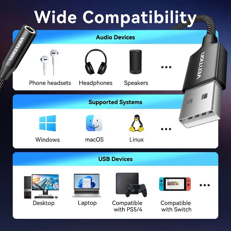 Звукова карта USB AUX jack, TRRS Ear, 0.25 м 96 кГц/24 біт 2-в-1 DSP шумозаглушення Vention - фото 6