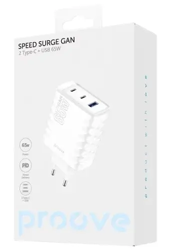 Мережевий зарядний пристрій Speed Surge GaN White 65 Вт 2xType-C (45 Вт + 20 Вт) Proove teh0028588 - фото 2