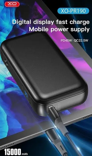 Портативний внешний аккумулятор XO PR190 (15000 mAh) 45W черный - фото 4