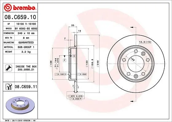Диск гальмівний невентильований Peugeot 308 II 13-25р Brembo (08.C659.11) - фото 2