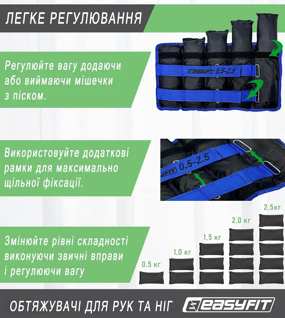Обтяжувачі для ніг та рук EasyFit набірні чорно-сині 0,5-2,5 кг (пара) (EF-WHT-0,5-2,5-BL) - фото 5