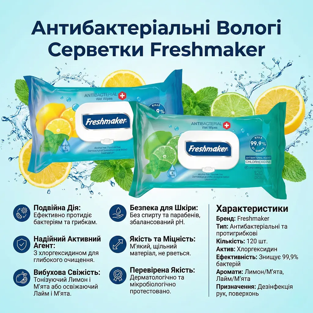 Вологі серветки антибактеріальні Freshmaker Antibacterial and Antifungal 120 шт. Серветки дезінфікуючі з клапаном - фото 3