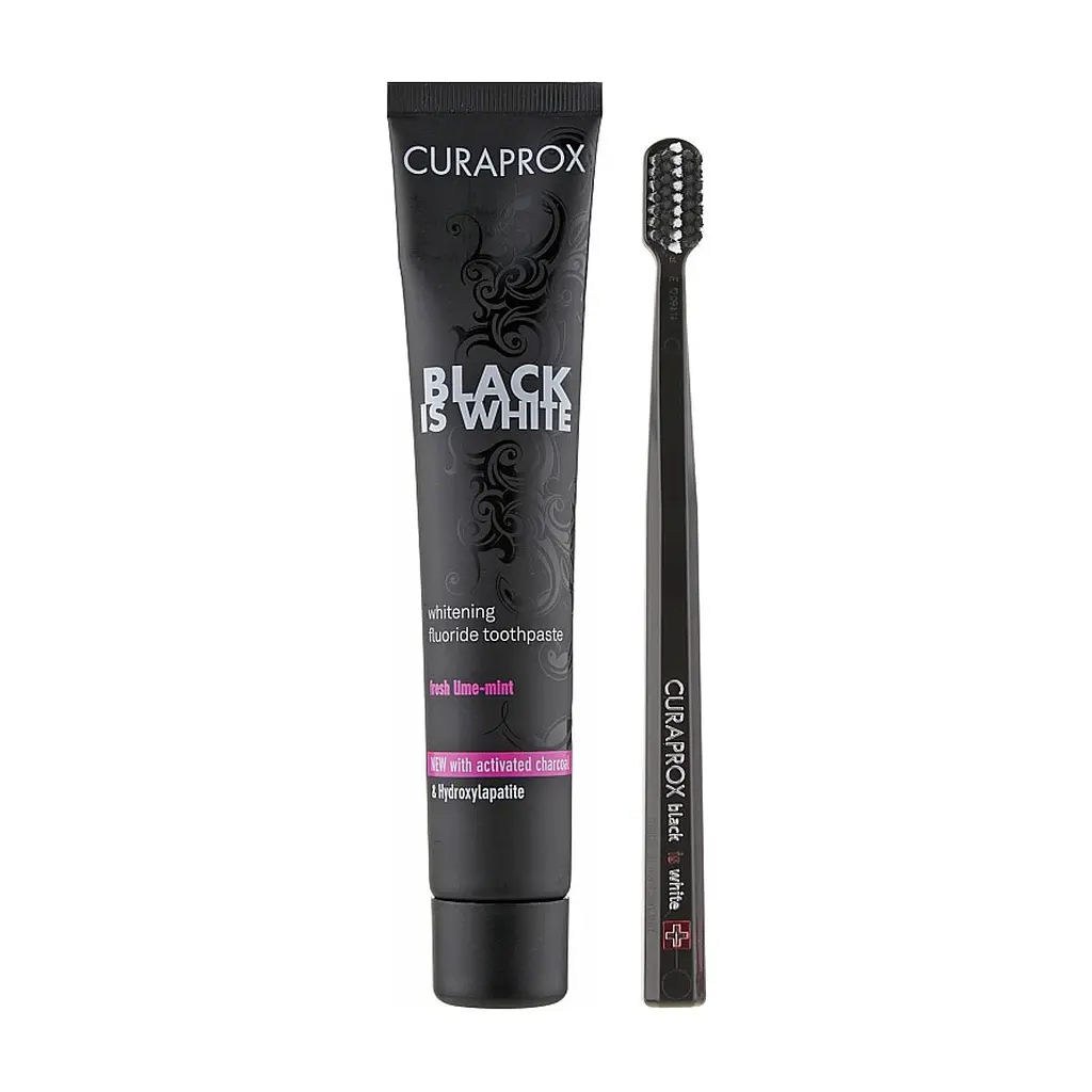 Набір косметики Curaprox Black is White Зубна паста з активованим вугіллям 90 мл + Зубна щітка CS 5460 чорного кольору (7612412423686)