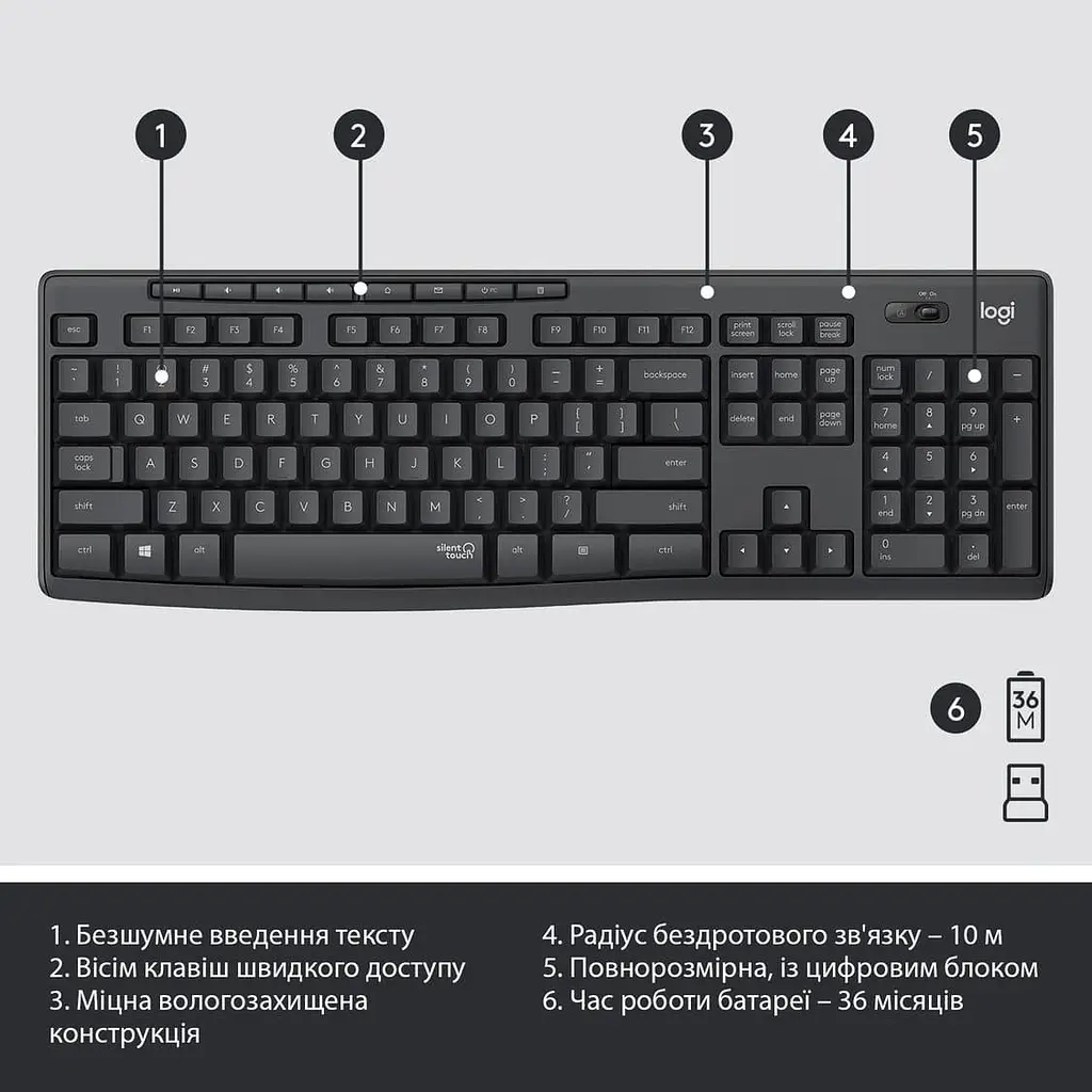 Комплект (Клавіатура та миша) Logitech MK295 Silent Combo Wireless Graphite (920-009800) - фото 6