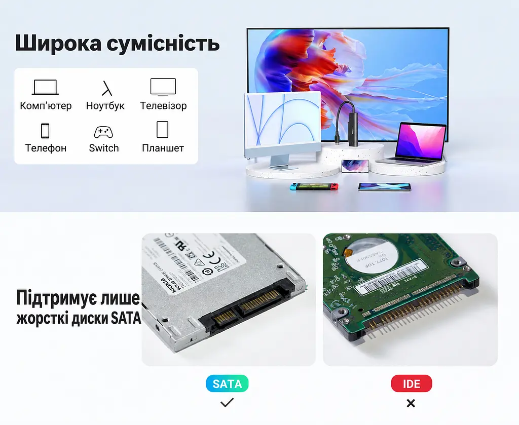Кабель-адаптер для накопичувачів UGREEN CM321 0,5 м USB-C 3.1 Gen 1 до SATA 3.0 7+15 pin лише для HDD та SSD 2,5″ передавання до 5 Гбіт/с без додаткового живлення з UASP з TRIM з діагностикою S.M.A.R.T. з автоматичним режимом сну для Windows macOS Linux та Chrome OS без встановлення драйверів чорний (70610) - фото 4