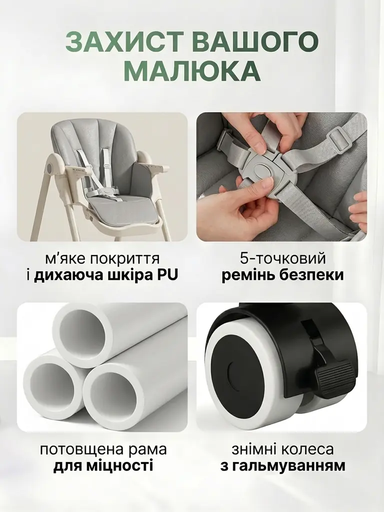 Стільчик для годування 2в1 BabyChair трансформер з регульованою спинкою та столиком, шезлонг, колеса, складаний, Сірий - фото 4