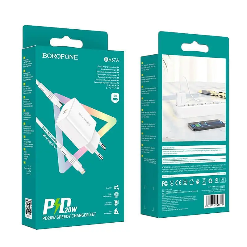 Зарядний - Адаптер мережевий BOROFONE Type-C to Lightning cable Easy Speed single port charger BA57A набір білий - фото 6