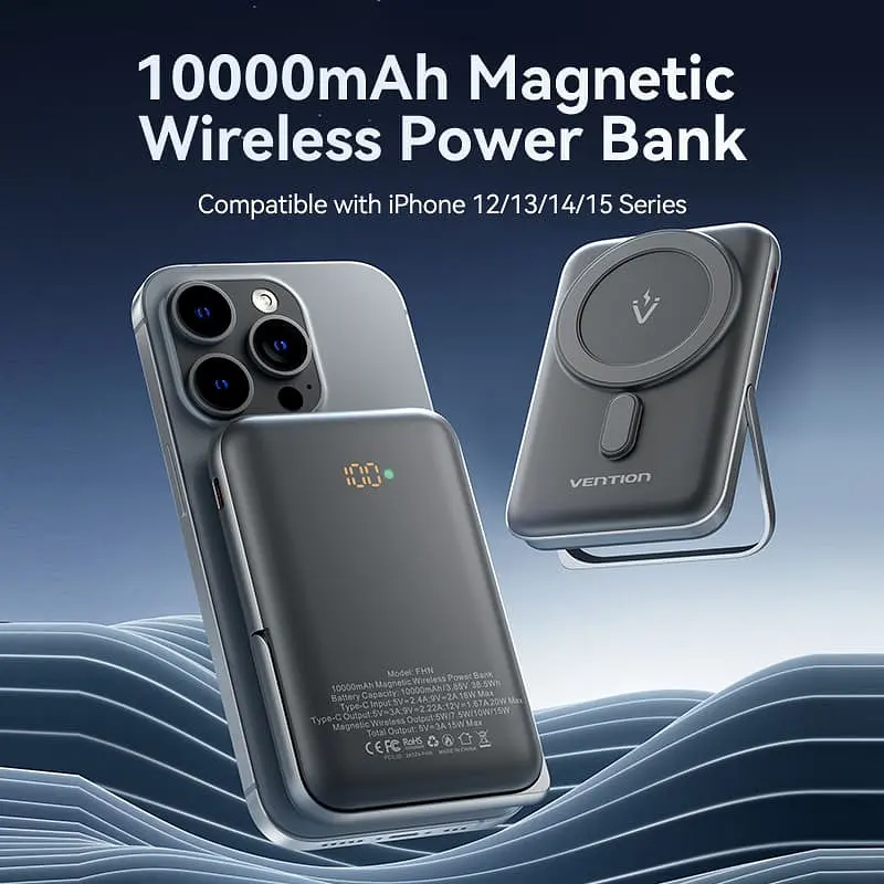 Універсальна мобільна батарея Vention Magnetic Wireless 10000mAh 20W PD USB-C In/Out, QI-15W Чорний - фото 4