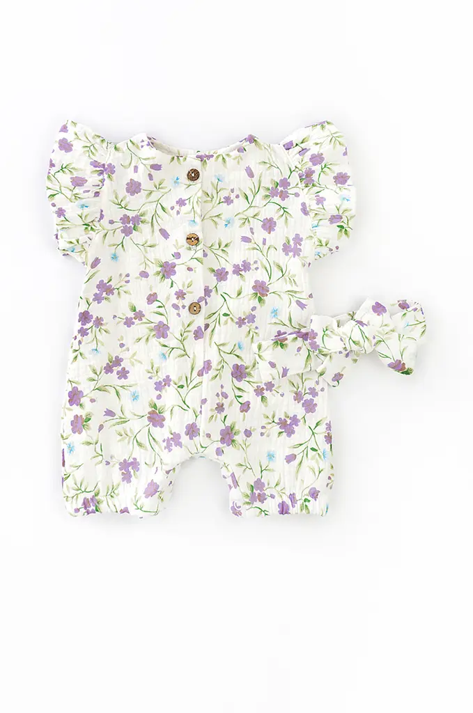 Пісочник з мусліну для дівчинки на ґудзиках Violet flowers з пов'язкою