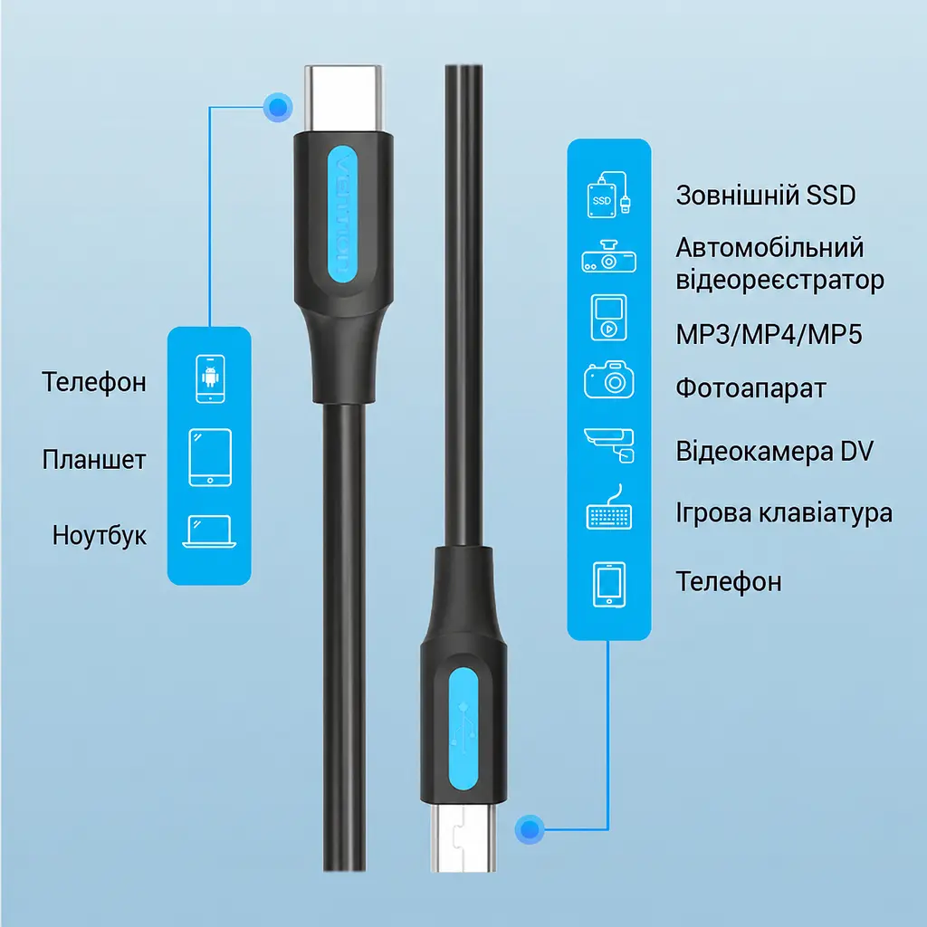 Кабель Vention COWBD USB-C - Mini-USB 0,5 м чорний (COWBD) - фото 11