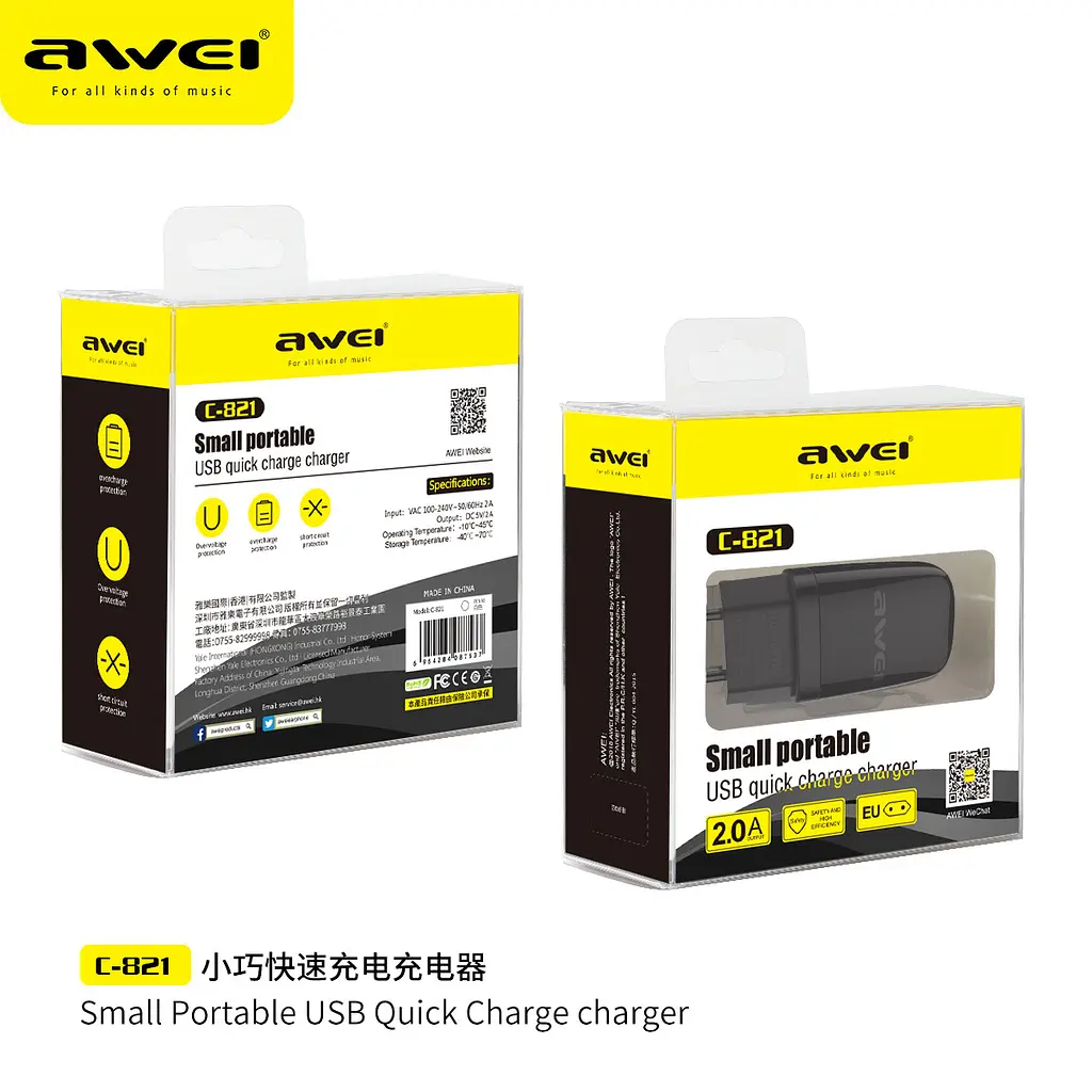 Блок заряженный сетевой адаптер Awei Small Portable C-821 выход 1 USB 2A черный - фото 4