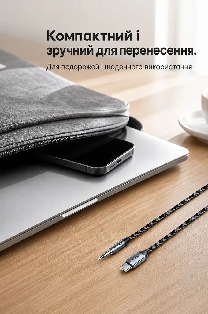 Аудіокабель-перехідник із ЦАП Vention 1 м DAC від штекера USB-C до штекера mini-jack 3,5 мм потрібне джерело USB-C з цифровим аудіо для навушників колонок і підсилювачів гарнітури CTIA/OMTP музика й навігація в авто з AUX IN 3,5 мм аудіо 16 біт / 48 кГц бавовняне обплетення подовжений захист від перегину посилене з’єднання сріблясто-сірі корпуси чорний кабель і чорні акценти на штекерах (BINHF) - фото 15