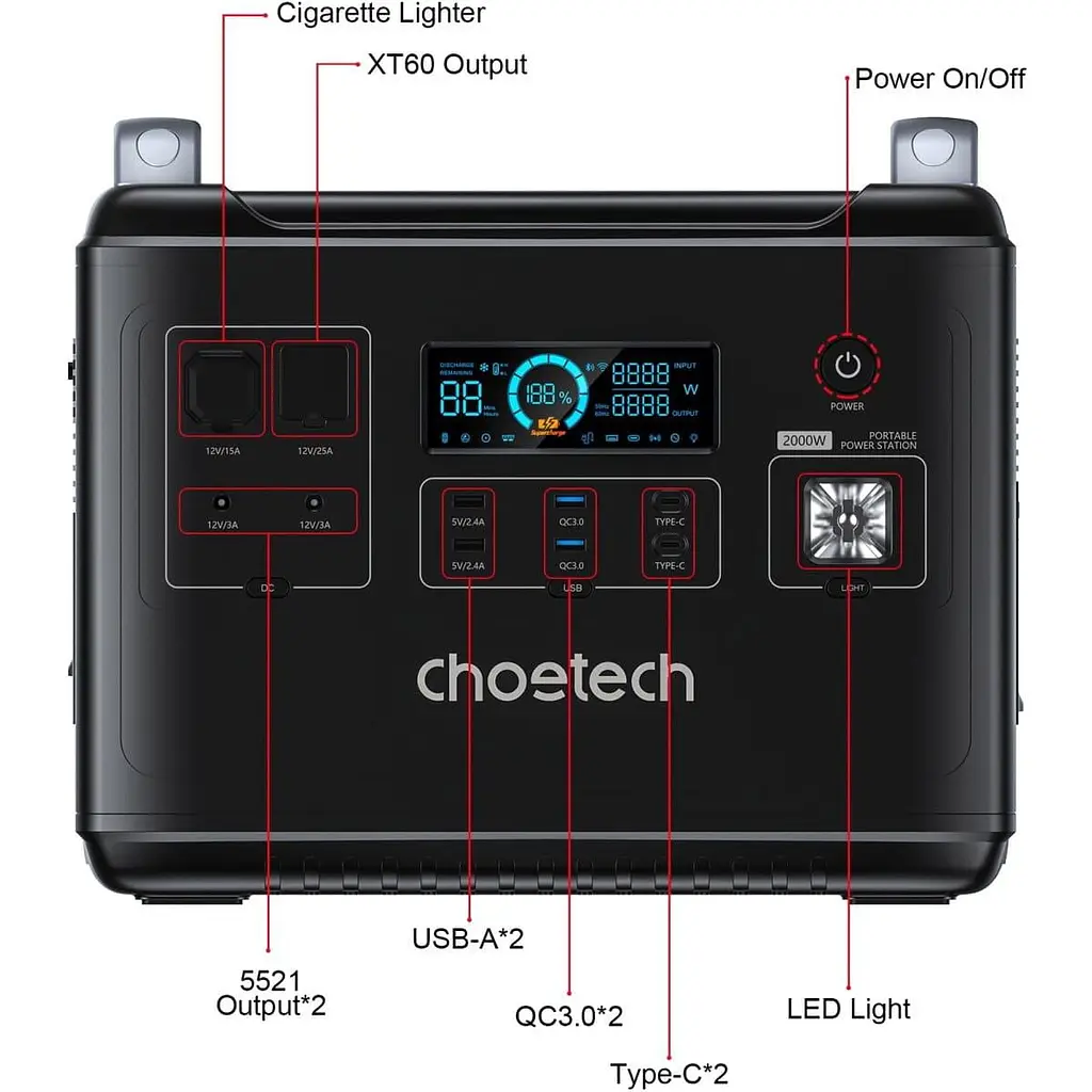 Портативна зарядна станція Choetech BS006 LiFePO4, 1997 Вт/ч 2000 Вт (BS006) - фото 7