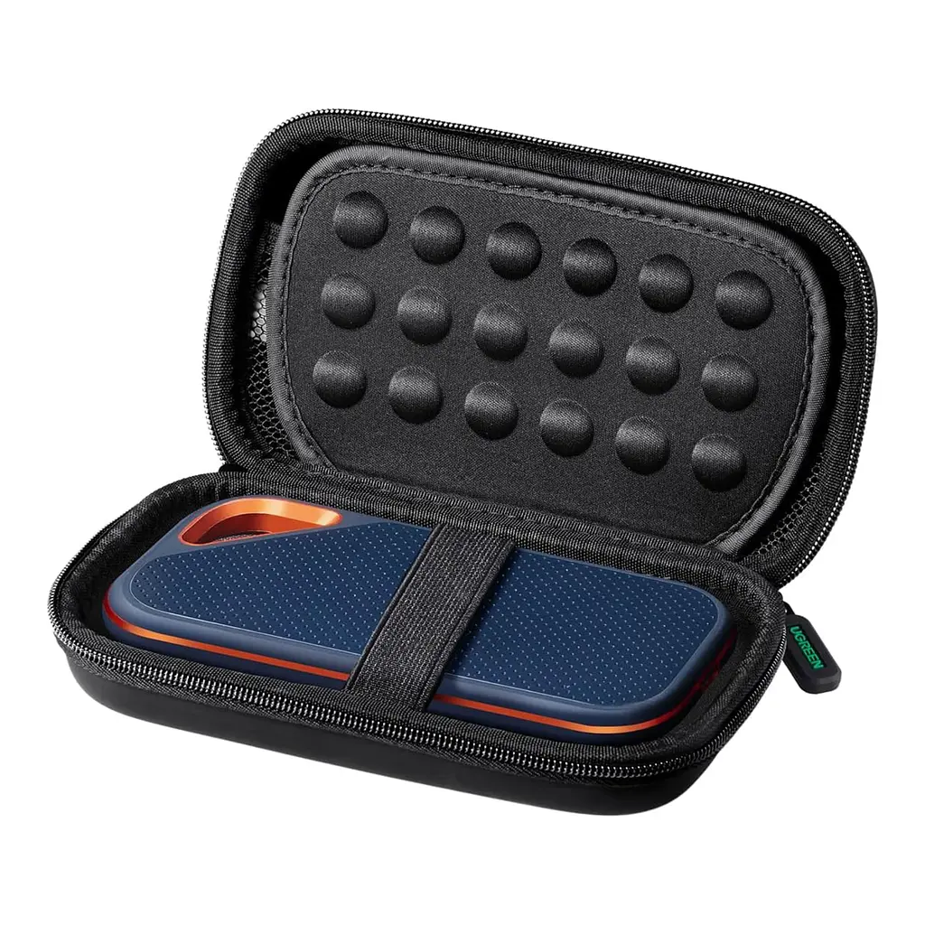 Защитный футляр для жёсткого диска и аксессуаров UGREEN LP128 малый 16,5 × 9,5 × 4,5 см органайзер для накопителя 2,5″ с защитой от брызг с оболочкой EVA и противоударной подкладкой с эластичными фиксаторами с сетчатым карманом для кабелей с мягкой перегородкой чёрный (40707)